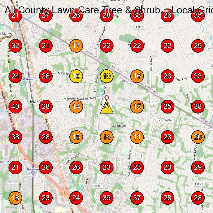 All County Lawn Care Tree & Shrub GeoGrid visibility map for Lawn Care Service in Chestnut Ridge